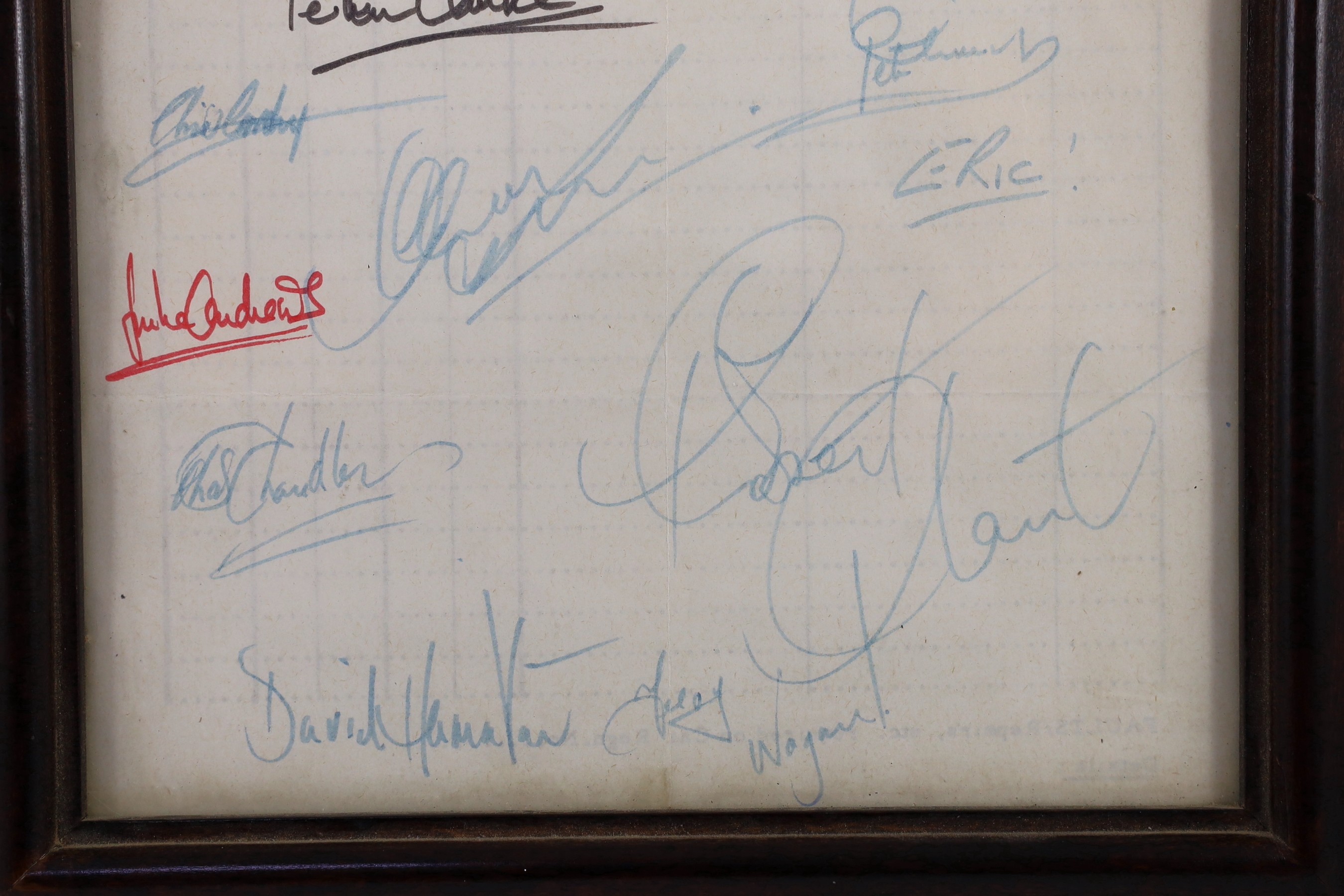 Framed autographs including Virginia Wade, Terry Wogan, Ernie Wise, Eric Morecambe John McEnroe, Julie Andrews etc., 20 cms wide x 28.5 cms high